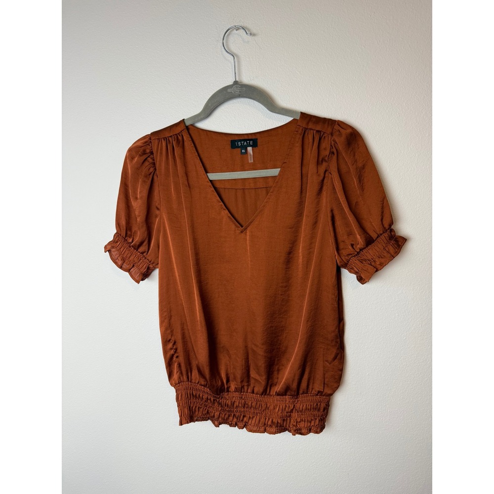 1.STATE‎ Womens Rust Copper Satin V-Neck Smocked Hem Puff Sleeve Blouse XS
